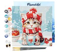 Figured'Art Mini Peinture par Numéro Adulte 20x20cm avec cadre Chat Mignon avec Écharpe Rouge - Petit Format Kit de Loisir Créatif DIY Numéro d'Art Complet