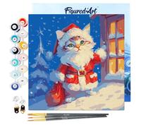 Figured'Art Mini Peinture par Numéro Adulte 20x20cm avec cadre Chat Père Noël - Petit Format Kit de Loisir Créatif DIY Numéro d'Art Complet
