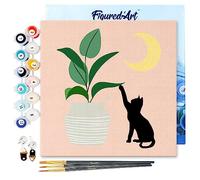 Figured'Art Mini Peinture par Numéro Adulte 20x20cm avec cadre Chaton et Plante au clair de Lune - Petit Format Kit de Loisir Créatif DIY Numéro d'Art Complet