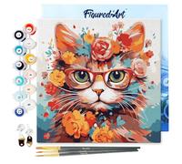 Figured'Art Mini Peinture par Numéro Adulte 20x20cm avec cadre Chaton fantaisie et fleurs - Petit Format Kit de Loisir Créatif DIY Numéro d'Art Complet