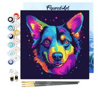 Figured'Art Mini Peinture par Numéro Adulte 20x20cm avec cadre Chien Abstrait Pop Art Néon - Petit Format Kit de Loisir Créatif DIY Numéro d'Art Complet