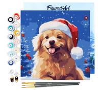 Figured'Art Mini Peinture par Numéro Adulte 20x20cm avec cadre Chien Mignon à Noël - Petit Format Kit de Loisir Créatif DIY Numéro d'Art Complet