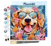 Figured'Art Mini Peinture par Numéro Adulte 20x20cm avec cadre Chiot fantaisie et des fleurs - Petit Format Kit de Loisir Créatif DIY Numéro d'Art Complet