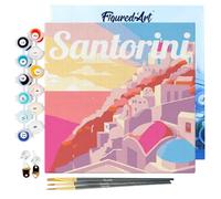 Figured'Art Mini Peinture par Numéro Adulte 20x20cm avec cadre Coucher de Soleil à Santorin - Petit Format Kit de Loisir Créatif DIY Numéro d'Art Complet