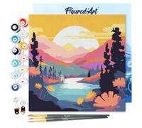 Figured'Art Mini Peinture par Numéro Adulte 20x20cm avec cadre Coucher de Soleil Coloré au Bord du Lac - Petit Format Kit de Loisir Créatif DIY Numéro d'Art Complet