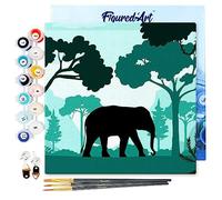 Figured'Art Mini Peinture par Numéro Adulte 20x20cm avec cadre Éléphant dans la forêt verte - Petit Format Kit de Loisir Créatif DIY Numéro d'Art Complet