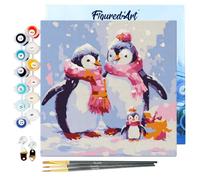 Figured'Art Mini Peinture par Numéro Adulte 20x20cm avec cadre Famille de Pingouins sous la Neige - Petit Format Kit de Loisir Créatif DIY Numéro d'Art Complet