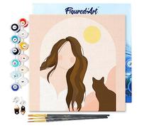 Figured'Art Mini Peinture par Numéro Adulte 20x20cm avec cadre Femme et son Chat - Petit Format Kit de Loisir Créatif DIY Numéro d'Art Complet