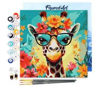 Figured'Art Mini Peinture par Numéro Adulte 20x20cm avec cadre Girafe fantaisie et fleurs - Petit Format Kit de Loisir Créatif DIY Numéro d'Art Complet