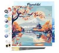 Figured'Art Mini Peinture par Numéro Adulte 20x20cm avec cadre Lac et Mont Fuji - Petit Format Kit de Loisir Créatif DIY Numéro d'Art Complet
