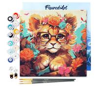 Figured'Art Mini Peinture par Numéro Adulte 20x20cm avec cadre Lionceau fantaisie et fleurs - Petit Format Kit de Loisir Créatif DIY Numéro d'Art Complet
