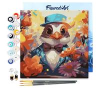 Figured'Art Mini Peinture par Numéro Adulte 20x20cm avec cadre Oiseau en smoking fantaisie et fleurs - Petit Format Kit de Loisir Créatif DIY Numéro d'Art Complet