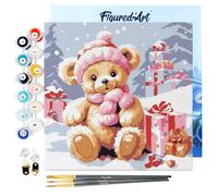 Figured'Art Mini Peinture par Numéro Adulte 20x20cm avec cadre Ours en Peluche et Cadeaux - Petit Format Kit de Loisir Créatif DIY Numéro d'Art Complet