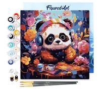Figured'Art Mini Peinture par Numéro Adulte 20x20cm avec cadre Panda fantaisie et fleurs - Petit Format Kit de Loisir Créatif DIY Numéro d'Art Complet