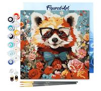 Figured'Art Mini Peinture par Numéro Adulte 20x20cm avec cadre Panda roux fantaisie et fleurs - Petit Format Kit de Loisir Créatif DIY Numéro d'Art Complet