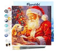Figured'Art Mini Peinture par Numéro Adulte 20x20cm avec cadre Père Noël et son Chien - Petit Format Kit de Loisir Créatif DIY Numéro d'Art Complet