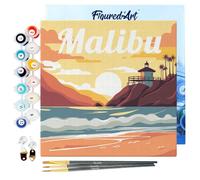 Figured'Art Mini Peinture par Numéro Adulte 20x20cm avec cadre Plage de Malibu - Petit Format Kit de Loisir Créatif DIY Numéro d'Art Complet