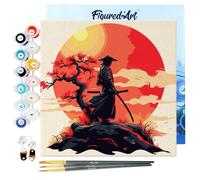 Figured'Art Mini Peinture par Numéro Adulte 20x20cm avec cadre Samourai au coucher du soleil - Petit Format Kit de Loisir Créatif DIY Numéro d'Art Complet