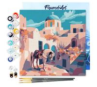 Figured'Art Mini Peinture par Numéro Adulte 20x20cm avec cadre Scène de cheval à Santorin - Petit Format Kit de Loisir Créatif DIY Numéro d'Art Complet