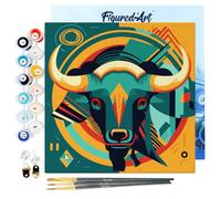 Figured'Art Mini Peinture par Numéro Adulte 20x20cm avec cadre Taureau Art Déco - Petit Format Kit de Loisir Créatif DIY Numéro d'Art Complet