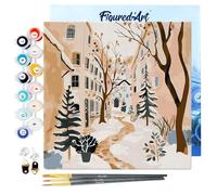 Figured'Art Mini Peinture par Numéro Adulte 20x20cm avec cadre Village Enneigé - Petit Format Kit de Loisir Créatif DIY Numéro d'Art Complet