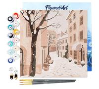 Figured'Art Mini Peinture par Numéro Adulte 20x20cm avec cadre Ville Enneigée Paisible - Petit Format Kit de Loisir Créatif DIY Numéro d'Art Complet