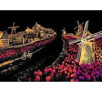 Figured'Art Peinture à Gratter format A3 (29.7x42cm) - Les Tulipes aux Pays-Bas - Kit Complet de Scratch Painting Carte à Gratter