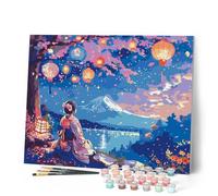 Figured'Art Peinture par Numéro Adulte avec Cadre - 40x50cm Toile tendue sur Châssis - Kit Loisir Créatif Détente - Déco DIY - Geisha lanternes et Mont Fuji