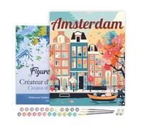 Figured'Art Peinture par Numéro Adulte avec Cadre Affiche de voyage Amsterdam en fleurs - Activité Manuelle Kit de Loisir Créatif DIY Numéro d'Art Complet - 40x50cm toile tendue sur châssis