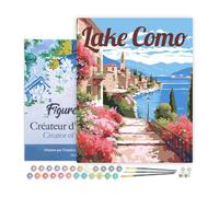 Figured'Art Peinture par Numéro Adulte avec Cadre Affiche de voyage lac de Côme en fleurs - Activité Manuelle Kit de Loisir Créatif DIY Numéro d'Art Complet - 40x50cm toile tendue sur châssis