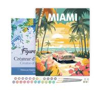 Figured'Art Peinture par Numéro Adulte avec Cadre Affiche de voyage Miami au coucher du soleil - Activité Manuelle Kit de Loisir Créatif DIY Numéro d'Art Complet - 40x50cm toile tendue sur châssis