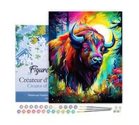 Figured'Art Peinture par Numéro Adulte avec Cadre Bison Coloré Abstrait - Activité Manuelle Kit de Loisir Créatif DIY Numéro d'Art Complet Animaux - 40x50cm toile tendue sur châssis