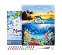 Figured'Art Peinture par Numéro Adulte avec Cadre Dauphins dans le lagon - Activité Manuelle Kit de Loisir Créatif DIY Numéro d'Art Complet - 40x50cm toile tendue sur châssis
