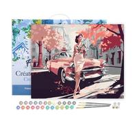 Figured'Art Peinture par Numéro Adulte avec Cadre Femme et voiture classique rose - Activité Manuelle Kit de Loisir Créatif DIY Numéro d'Art Complet - 40x50cm toile tendue sur châssis