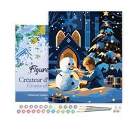 Figured'Art Peinture par Numéro Adulte avec Cadre Garçon et Bonhomme de Neige par une Nuit d'Hiver - Activité Manuelle Kit de Loisir Créatif DIY Numéro d'Art Complet - 40x50cm toile tendue sur châssis