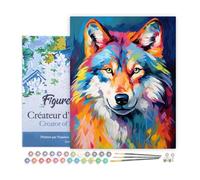 Figured'Art Peinture par Numéro Adulte avec Cadre Loup Coloré Abstrait - Activité Manuelle Kit de Loisir Créatif DIY Numéro d'Art Complet Animaux - 40x50cm toile tendue sur châssis
