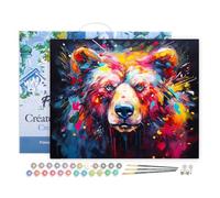 Figured'Art Peinture par Numéro Adulte avec Cadre Ours Coloré Abstrait - Activité Manuelle Kit de Loisir Créatif DIY Numéro d'Art Complet Animaux - 40x50cm toile tendue sur châssis