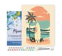 Figured'Art Peinture par Numéro Adulte avec Cadre Planche de surf sur la plage - Activité Manuelle Kit de Loisir Créatif DIY Numéro d'Art Complet - 40x50cm toile tendue sur châssis