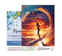 Figured'Art Peinture par Numéro Adulte avec Cadre Surfeuse et la grande vague - Activité Manuelle Kit de Loisir Créatif DIY Numéro d'Art Complet - 40x50cm toile tendue sur châssis