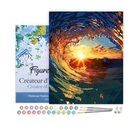 Figured'Art Peinture par Numéro Adulte avec Cadre Vague et coucher de soleil - Activité Manuelle Kit de Loisir Créatif DIY Numéro d'Art Complet - 40x50cm toile tendue sur châssis