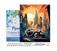 Figured'Art Peinture par Numéro Adulte avec Cadre Voiture Art Déco à New York - Activité Manuelle Kit de Loisir Créatif DIY Numéro d'Art Complet - 40x50cm toile tendue sur châssis