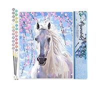 Figured'Art Peinture par Numéro Adulte Cheval et Fleurs blanches - Activité Manuelle Kit de Loisir Créatif DIY Numéro d'Art Complet - 40x50cm sans châssis en bois