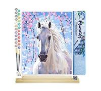 Figured'Art Peinture par Numéro Adulte Cheval et Fleurs blanches - Activité Manuelle Kit de Loisir Créatif DIY Numéro d'Art Complet - 40x50cm avec châssis en bois à monter