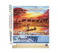 Figured'Art Peinture par Numéro Adulte Coucher de Soleil Eléphants - Activité Manuelle Kit de Loisir Créatif DIY Numéro d'Art Complet - 40x50cm avec châssis en bois à monter