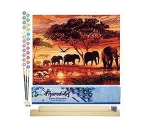 Figured'Art Peinture par Numéro Adulte Eléphants au Coucher du soleil - Activité Manuelle Kit de Loisir Créatif DIY Numéro d'Art Complet - 40x50cm avec châssis en bois à monter