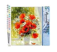 Figured'Art Peinture par Numéro Adulte Fleurs Rouges et Marguerites - Activité Manuelle Kit de Loisir Créatif DIY Numéro d'Art Complet - 40x50cm sans châssis en bois