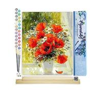 Figured'Art Peinture par Numéro Adulte Fleurs Rouges et Marguerites - Activité Manuelle Kit de Loisir Créatif DIY Numéro d'Art Complet - 40x50cm avec châssis en bois à monter