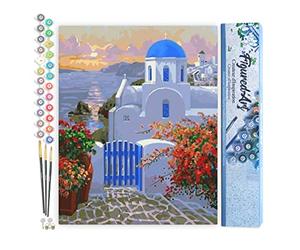 Figured'Art Peinture par Numéro Adulte Petit Village grec - Activité Manuelle Kit de Loisir Créatif DIY Numéro d'Art Complet - 40x50cm sans châssis en bois