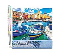 Figured'Art Peinture par Numéro Adulte Petits Bateaux de pêche au Port - Activité Manuelle Kit de Loisir Créatif DIY Numéro d'art Complet - 40x50cm sans châssis en Bois