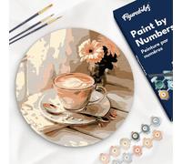 Figured'Art Peinture par Numéro Adulte sur Disque en Bois de 30cm de diamètre - Café du matin - Kit de Loisir Créatif DIY Numéro d'Art Complet